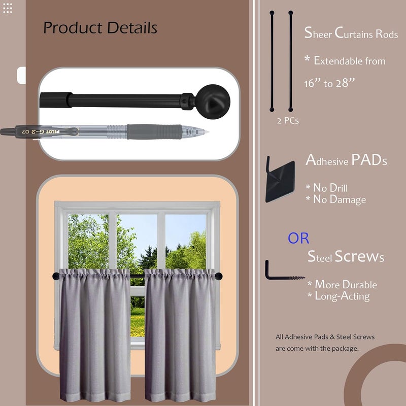 ARNORX Premium Curtain Rod for French Doors, Kitchen Curtain & Small Window, 3/8 Inch Diameter, Adjustable 16-28", 2 Pack, Black - Image 2